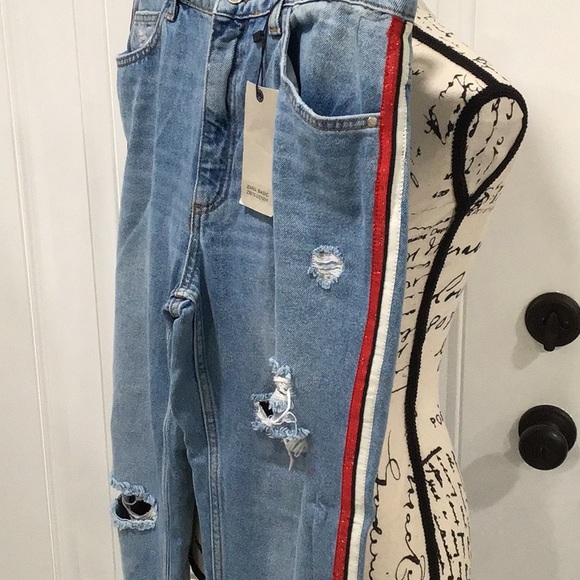 🆕 ZARA Basic Denim Stripe Mom Fit Jeans High Rise - Picture 8 of 14